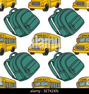 Seamless vector pattern of yellow school buses and green backpacks for education themes Stock Vector