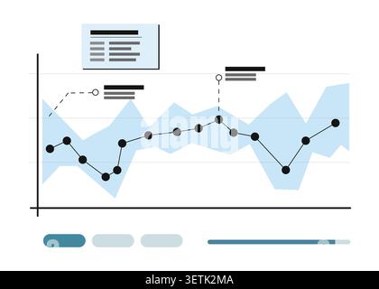 Flat vector illustration of a business analytics dashboard with line charts and data visualization, representing financial performance, reporting, and Stock Vector