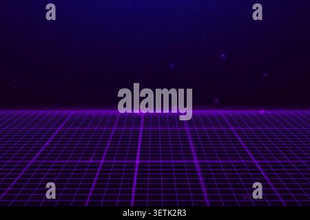 Futuristic perspective grid floor with neon wireframe lines bg. Digital 3D space, abstract square pattern, retro technology glowing network grid Stock Vector