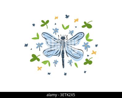 Hand drawn abstract vector graphic illustration collection with cute, stylized dragonfly insect bug.Trendy modern wild nature design concept sketch Stock Vector