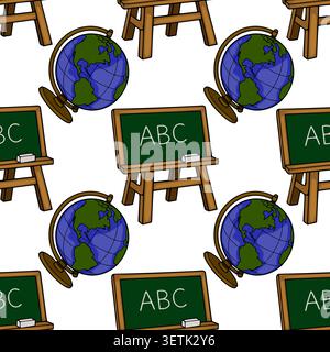 Seamless vector pattern of educational school supplies, including globes and chalkboards with ABC text. Stock Vector