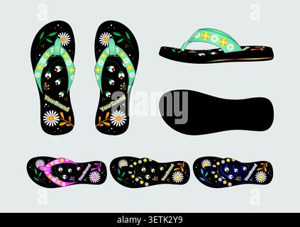 Floral Daisy Pattern Flip Flops Vector Tech Pack with Colorways Set Tech Pack Stock Vector