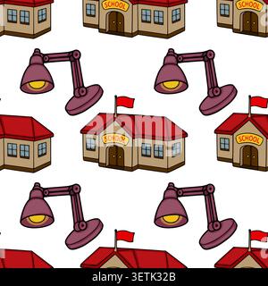 Seamless vector pattern of cute school buildings and desk lamps, educational background Stock Vector