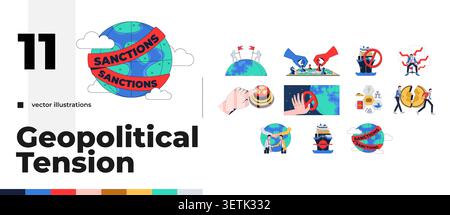 Geopolitical tension, sanctions and global conflict 2D illustration concept set Stock Vector