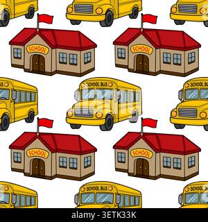 Seamless vector pattern of yellow school buses and cartoon school buildings with red roofs, perfect for educational themes. Stock Vector