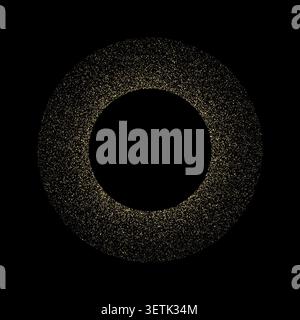 Round frame with golden glitter borders. Circular shiny shape with gold powder texture isolated on black background. Luxury decorative design element. Vector illustration. Stock Vector