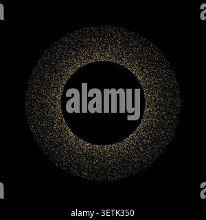 Round frame with golden glitter borders. Circular shiny shape with gold powder texture isolated on black background. Luxury decorative design element. Vector illustration. Stock Vector