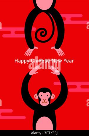 Year of the Monkey vector cartoon illustration. Lunar New Year 2028 vertical greetings card or poster template with funny stylized cartoon macaque. Stock Vector