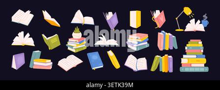 Books. Hand drawn color book. Cartoon stack colorful textbooks, open notebooks, paper sheet, book piles. Reading, studying, education concept. Booksto Stock Vector