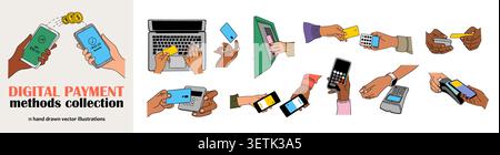 Digital payment method scenes with diverse hands Stock Vector