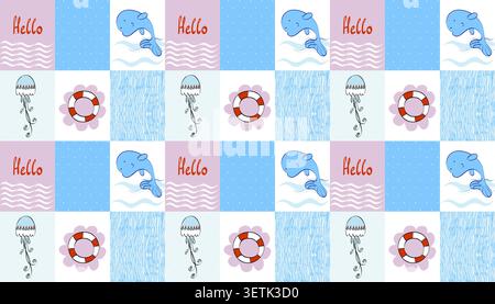 Cute ocean baby seamless pattern, pastel nursery background, childish marine illustration, kids design for fabric, wallpaper, wrapping paper and texti Stock Vector