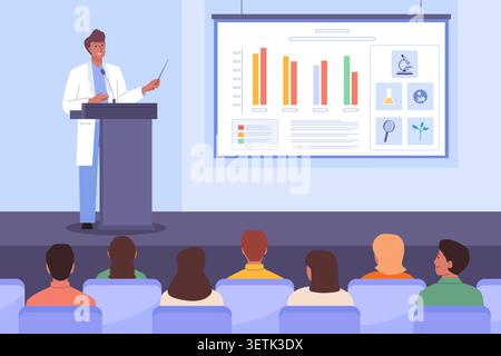 Medical conference. Male Doctor scientist on stage demonstrates result of study or research Stock Vector