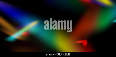 Blurred rainbow refraction overlay. Damaged photo film texture effect. Iridescent gradient on black background. Vector abstract illustration. Stock Vector