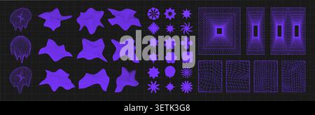 Cyber distorted grid, punk perspective rectangular tunnels and y2k psychedelic elements set. Grid geometry tunnel, elements on black background Stock Vector