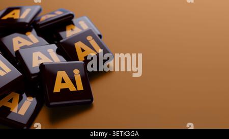 Logo of vector graphics editor Adobe Premiere in a big pile on orange background with copy space as web banner header Stock Photo