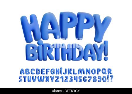3D inflatable blue balloon font, plasticine rubber effect. Plasticine candy-like bubble letters. Chubby retro typography, birthday party playful poste Stock Vector