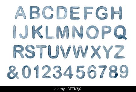 Watercolor Blue Alphabet Letters and Numbers Set. Hand Painted Typography Collection. Stock Vector