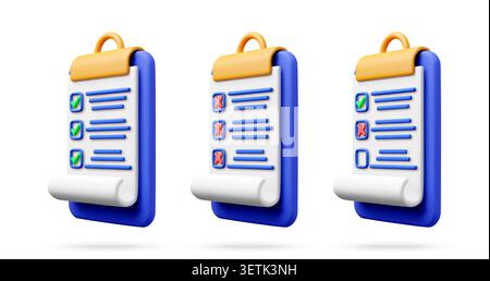 3D set of clipboards with checklist and survey Stock Vector