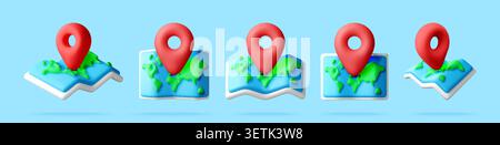 3D set of world maps with red navigation pins. Stock Vector