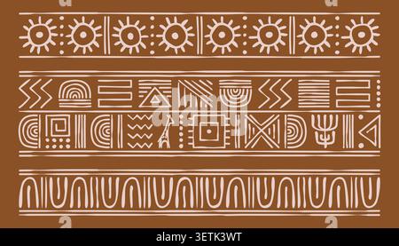 African tribal frame patterns, abstract geometric doodle borders with ethnic motifs, sun and giraffe print, vector hand drawn ornamental lines, afro folk background. Seamless design for textile Stock Vector