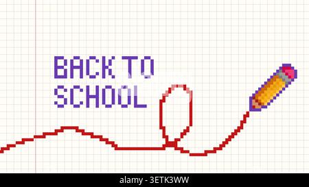 Back to school pixel art background with white paper notebook sheet, pencil and hand drawn color lines, educational banner. Vector 8 bit game style poster for elementary class. Colorful mosaic design Stock Vector