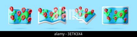 3D world map icon set with red location pins Stock Vector
