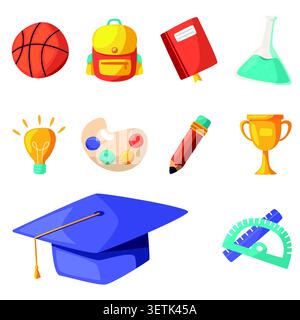 Education themed vector illustration showcasing various school supplies art materials science equipment and sports items Stock Vector