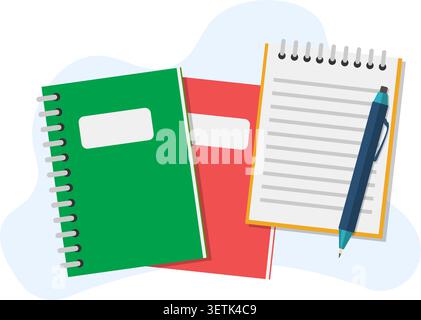 A clean flat illustration of a blue spiral notebook, red folder, and white lined notepad with a blue pen on top. Stock Vector