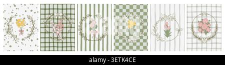 Vintage coquette floral frame with delicate ribbon bow, spring flowers wreath, gingham background. Whimsical cottagecore green design for Easter cards, wedding invitations, or greeting posters Stock Vector
