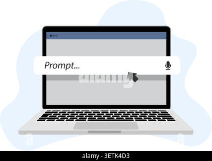 A flat vector illustration of an open laptop featuring a central text input field for artificial intelligence prompts. Stock Vector
