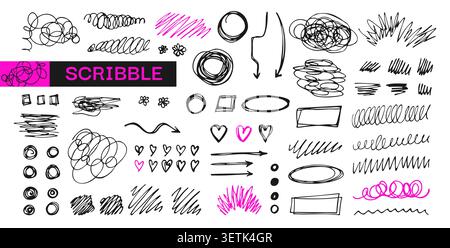 Hand drawn scribble marks set, squiggly lines, arrows, sketchy hearts. Sketch brush strokes, doodles, frames, underlines crayon, marker, punk style texture elements. Grunge illustration line pack Stock Vector