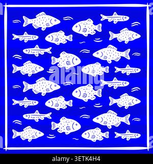Mediterranean seamless fish pattern with white marine illustrations on blue background, inspired by Portuguese azulejo tiles and coastal European desi Stock Vector
