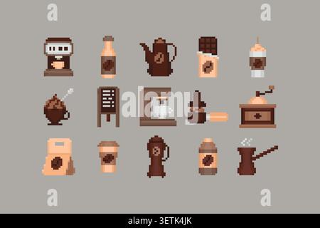 Pixel art coffee equipment, drinks, desserts, and cafe accessories collection in retro game style, featuring cozy beverage icons inspired by coffee cu Stock Vector