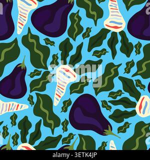 This is a cool and contemporary seamless pattern featuring an artistic variety of purple eggplants (brinjals) and striped root vegetables, possibly ra Stock Vector