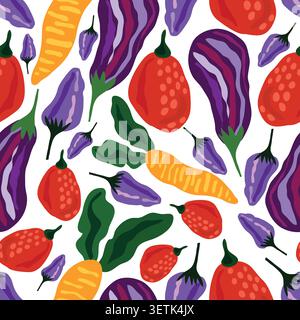jalapenos, red chilies, brinjal, carrots on white background seamless pattern Stock Vector