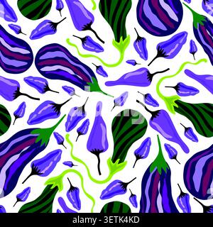 This is a dynamic and energetic seamless pattern featuring an artistic arrangement of brinjals (eggplants) and purple peppers. Stock Vector