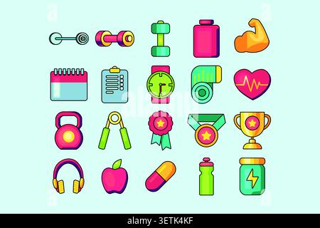 Sport and fitness icon collection in modern flat style, featuring gym equipment, workout accessories, healthy lifestyle symbols, nutrition elements, a Stock Vector