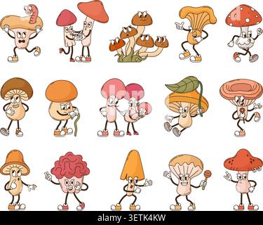 Funny retro cartoon mushroom. Groovy mushrooms different poses and emotions. Crazy autumn forest characters, thinking, surprised, angry, neoteric Stock Vector