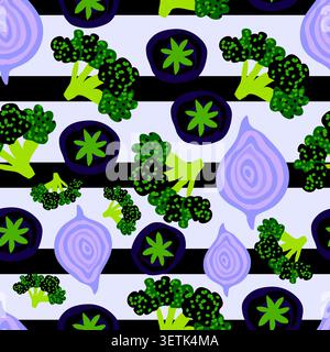 broccoli, onion and pink tomatoes on vertical stripes on light purple background seamless pattern Stock Vector