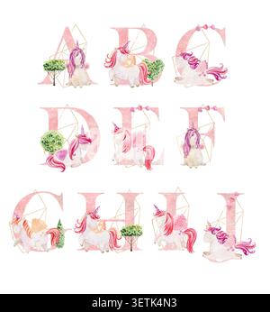 Vector watercolor letters with unicorns for invitation card, nursery poster and other. Stock Vector