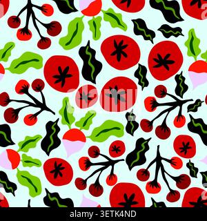 tomatoes, radishes and leaves on light blue background seamless pattern Stock Vector