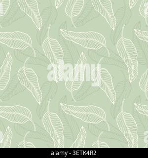 Seamless botanical pattern with white line art tropical leaves on mint green background for textile fabric, wallpaper, cosmetic packaging and wrapping print. Vector illustration Stock Vector