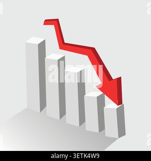Flat vector illustration showing financial decline with descending bar chart and red downward arrow, representing economic slowdown, market losses, an Stock Vector
