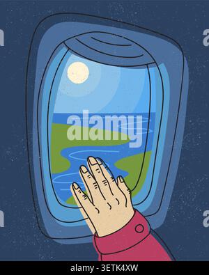 Passenger hand resting on airplane window with river, coastline, landscape, and blue sky, inspiring wanderlust, exploration, vacation, and travel memo Stock Vector