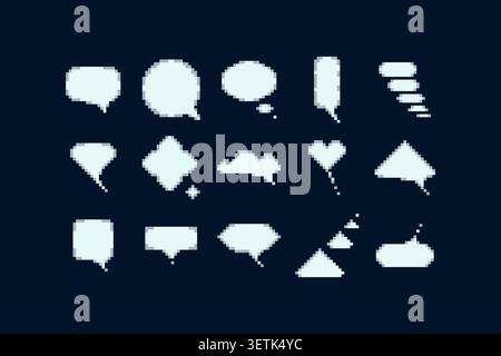 Pixel art speech bubbles, chat boxes, dialogue balloons, and message icons collection in retro game style, featuring simple communication symbols insp Stock Vector