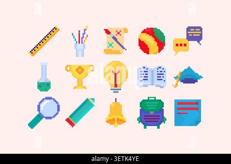 Pixel art education supplies, school objects, learning tools, and academic symbols collection in retro game style, featuring colorful classroom icons Stock Vector