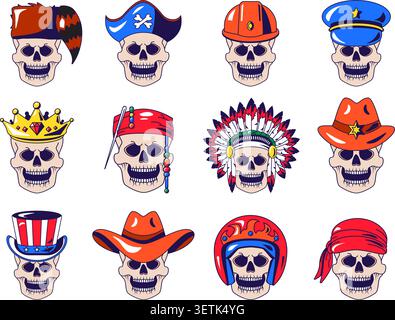 Human skulls wearing pirate hats, crowns, helmets, cowboy hats, and other themed headwear collection in cartoon style, featuring decorative character Stock Vector