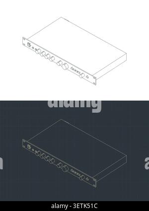 Rackmount audio amplifier isometric technical blueprints, stylized vector illustrations Stock Vector