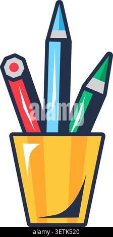 Pencil case glass with school pencils, pens and ruler. Basic stationery for teaching drawing, drafting and mathematics. Futuristic stroked shadows and Stock Vector
