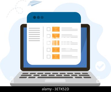 A flat illustration showing an email inbox and checklist on a laptop screen, perfect for productivity and work themes. Stock Illustration. Stock Vector